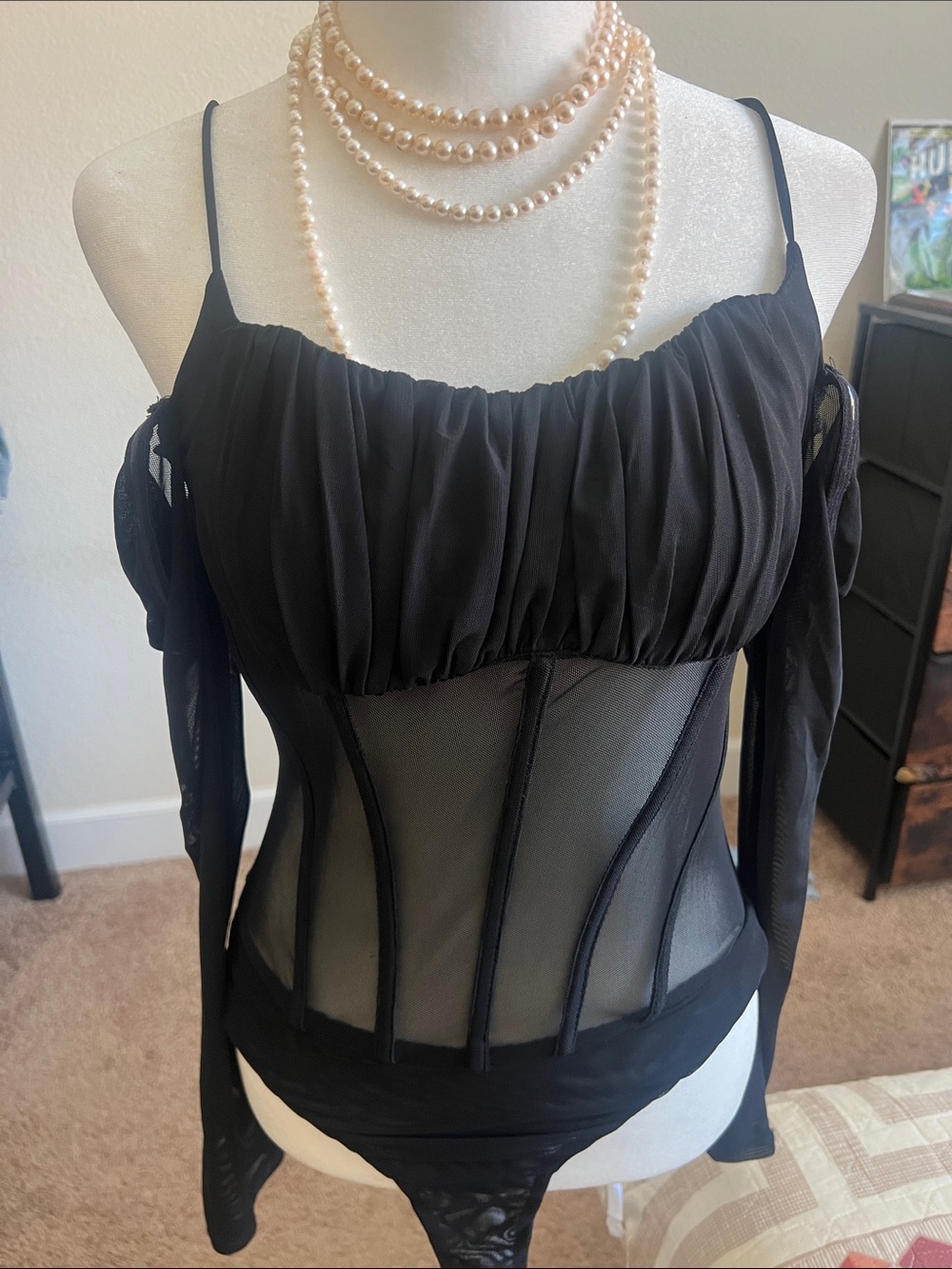 Astr Black Off-Shoulder Corset-Style Bodysuit with Thin Straps